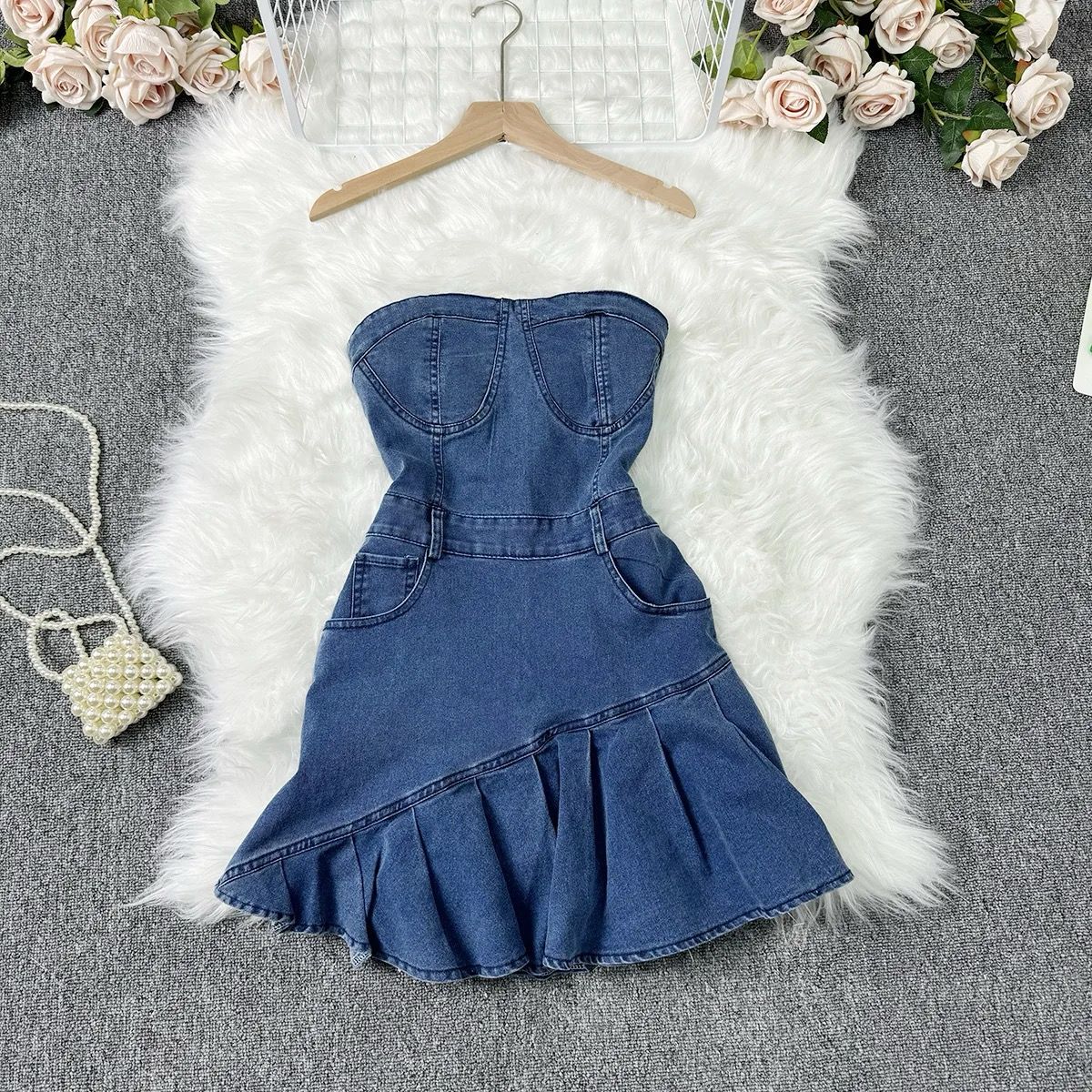 Fashion Ladies Tube Jeans Denim Mini Dress For Women 