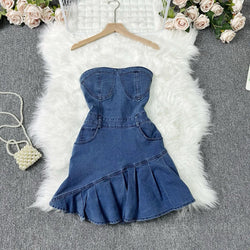 Fashion Ladies Tube Jeans Denim Mini Dress For Women 