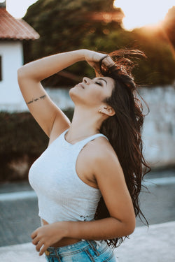 Woman with head up